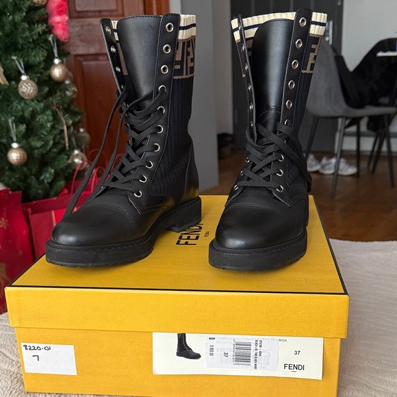 Fendi Shoes - Fendi Black Leather Combat Boots with Logo Detail